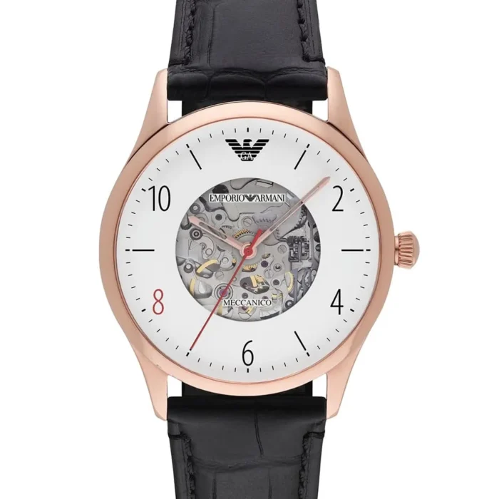 Emporio Armani Men?s Automatic Black Leather Strap White Dial 41mm