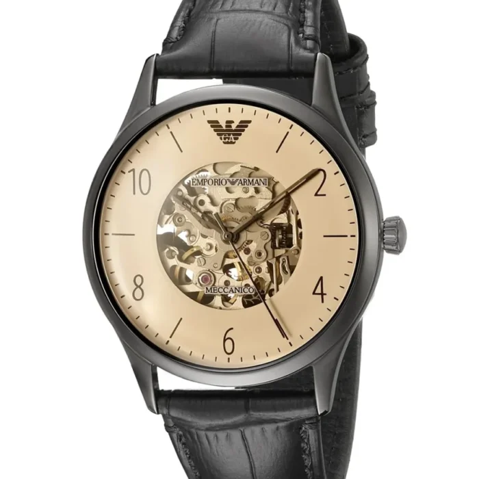 Emporio Armani Meccanico White Dial Black Leather Strap Watch For Men