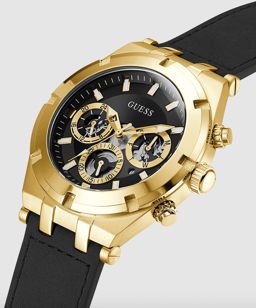 GUESS GOLD TONE CASE BLACK GENUINE LEATHER WATCH