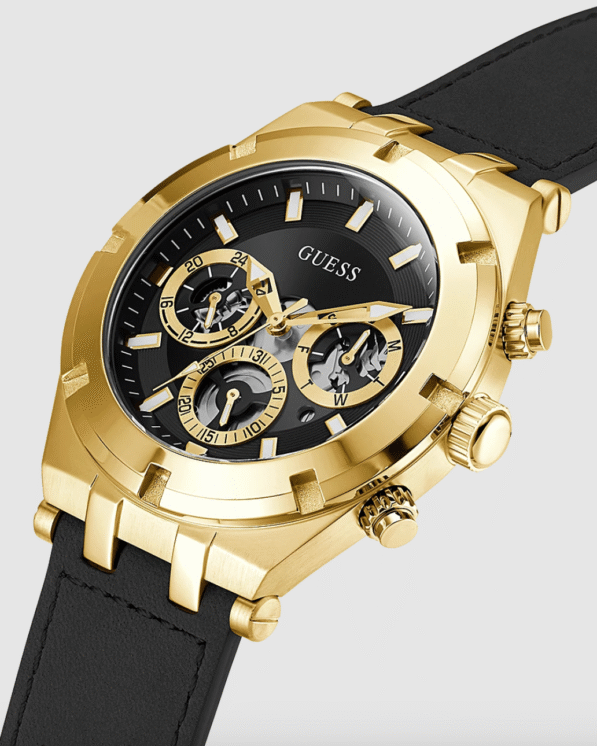 GUESS GOLD TONE CASE BLACK GENUINE LEATHER WATCH