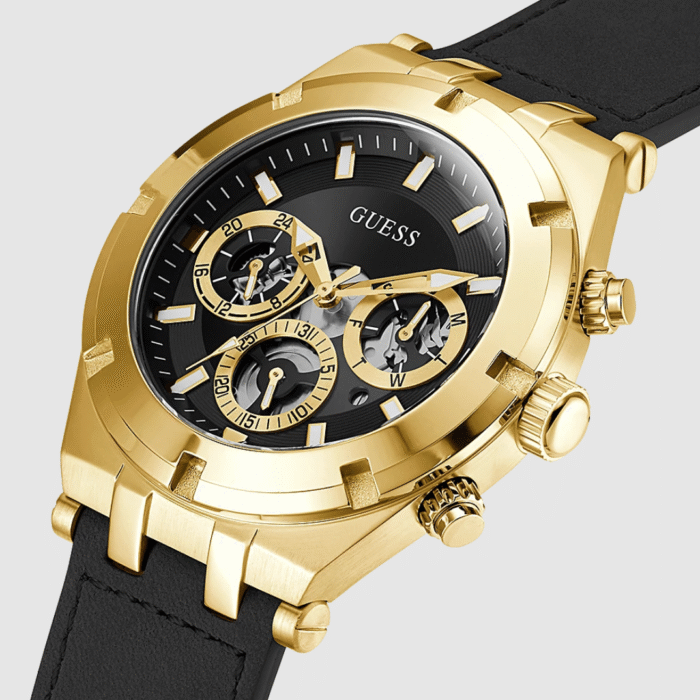 GUESS GOLD TONE CASE BLACK GENUINE LEATHER WATCH