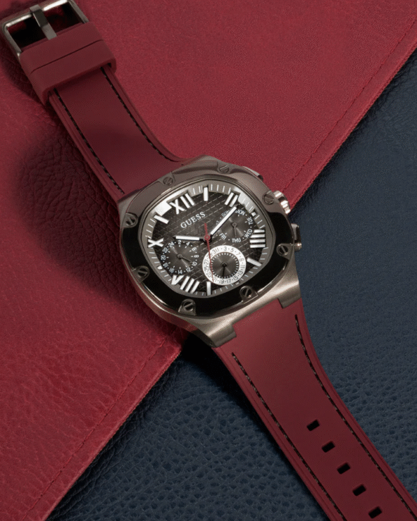 GUESS Mens Burgundy Gunmetal Multi-function Watch