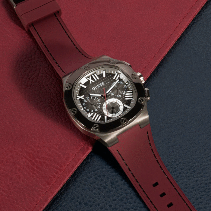 GUESS Mens Burgundy Gunmetal Multi-function Watch
