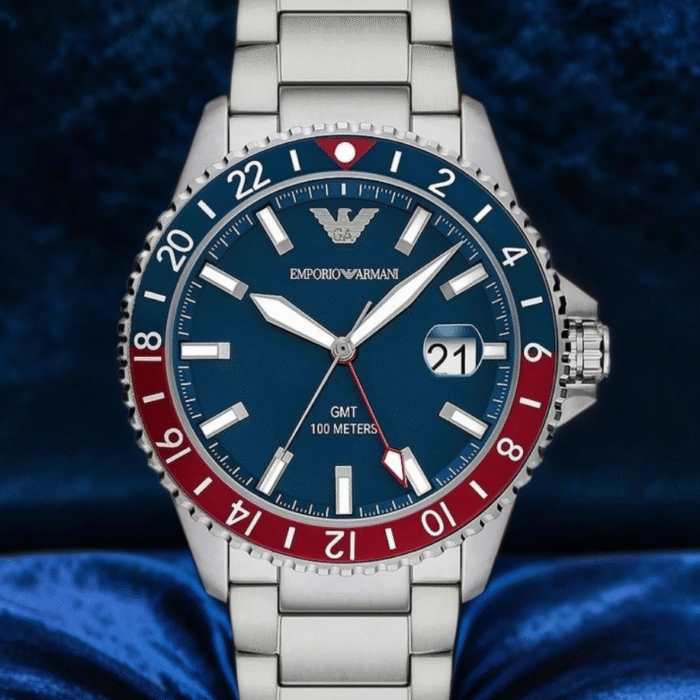 Emporio Armani Men?s GMT Dual Time Silver Stainless Steel