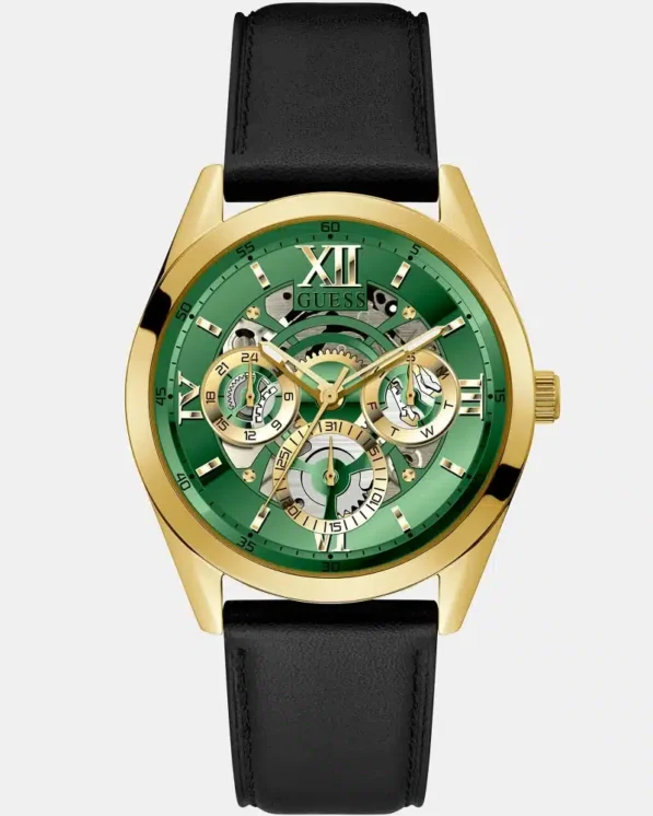 Guess Men?s Quartz Black Leather Strap Green Dial