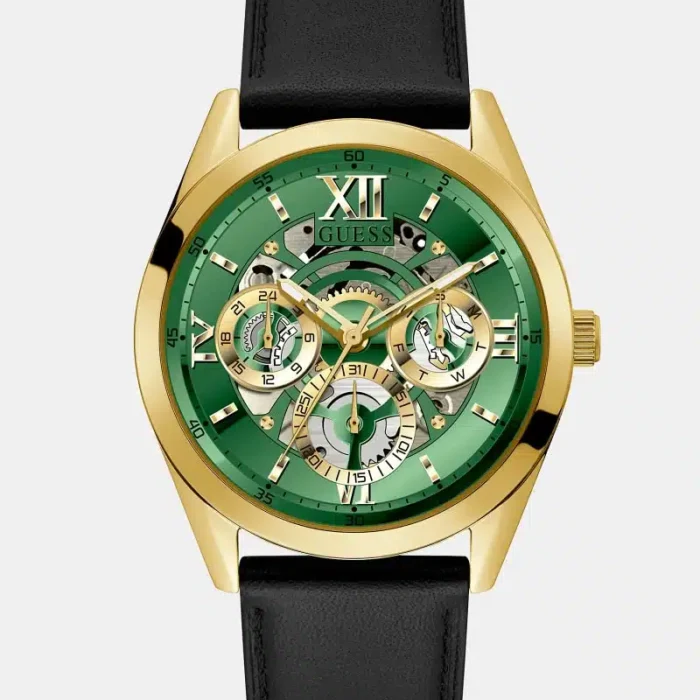 Guess Men?s Quartz Black Leather Strap Green Dial