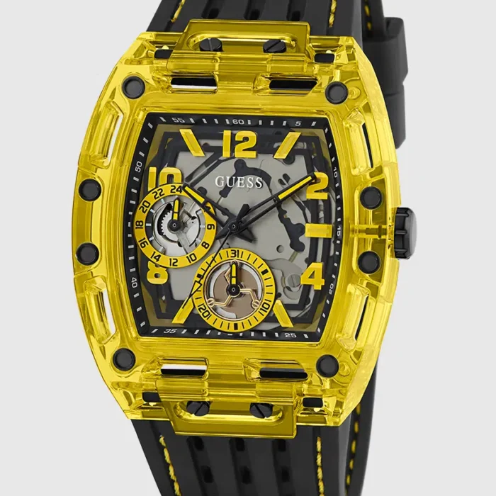 GUESS Mens Black Yellow Multi-function Watch