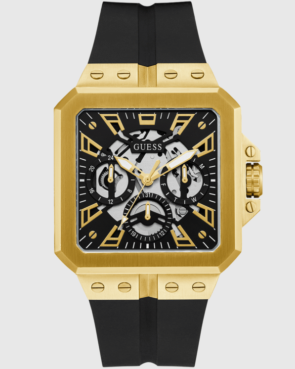 GUESS Mens Black Gold Tone Multi-function Watch