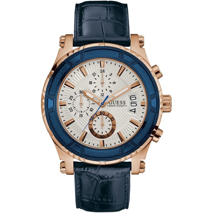 Guess Pinnacle Chronograph White Dial Blue Leather Strap Watch For Men